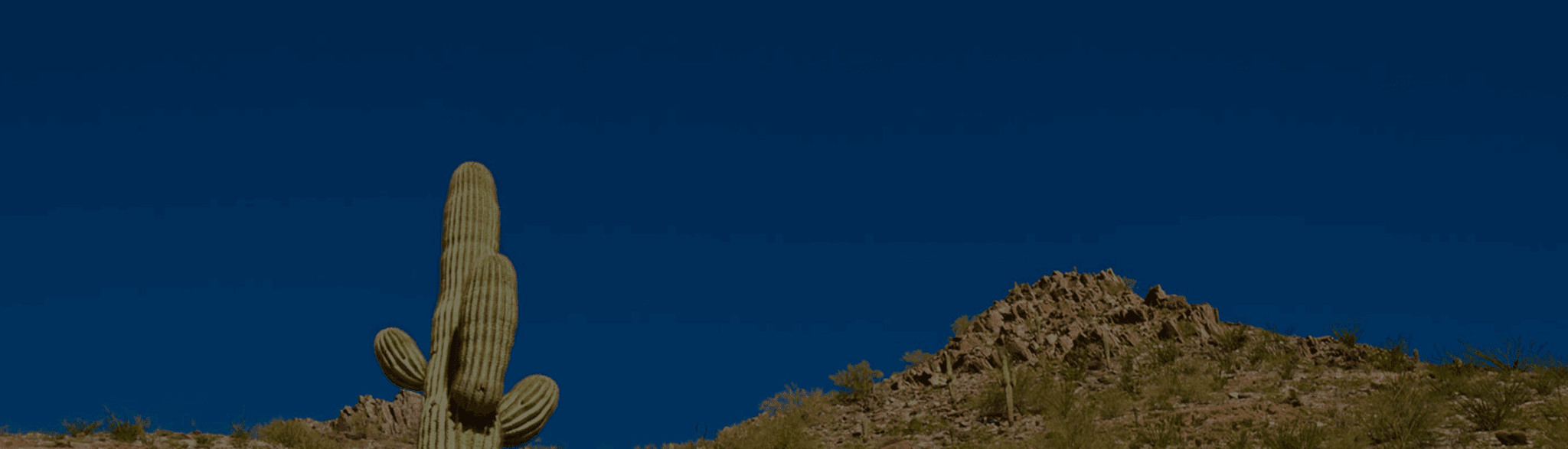 A nighttime desert landscape with a clear starry sky and rugged terrain.