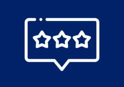 Icon of a three-star rating in a speech bubble on blue background.