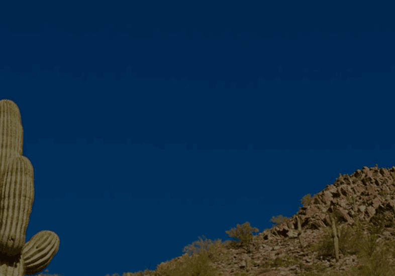 A nighttime desert landscape with a clear starry sky and rugged terrain.